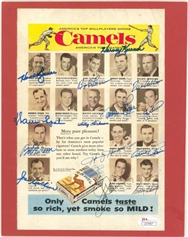 Baseball Hall Of Famers & Legends Multi Signed Vintage Camel Cigarette Ad With 14 Signatures Including Spahn, Berra, Lemon & Ashburn (JSA)
